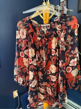 Daniel Rainn Navy Floral Peasant Blouse with Red & Cream Blooms